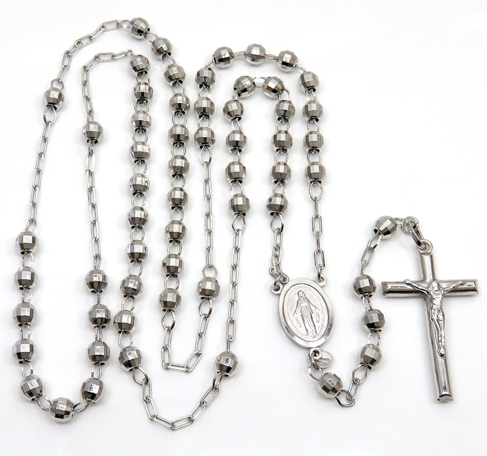 10k white gold diamond cut bead rosary chain 26 inch 5mm