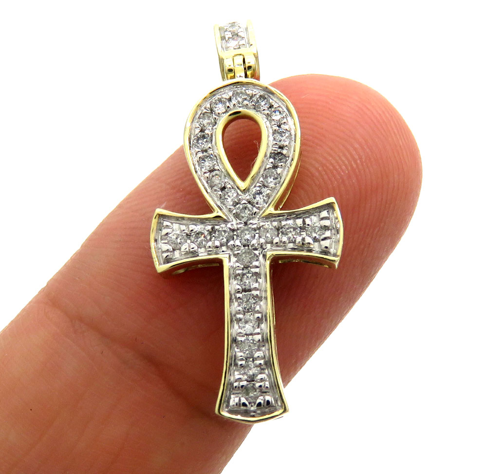 10k yellow gold thirty two diamond mini pave ankh cross 0.34ct 