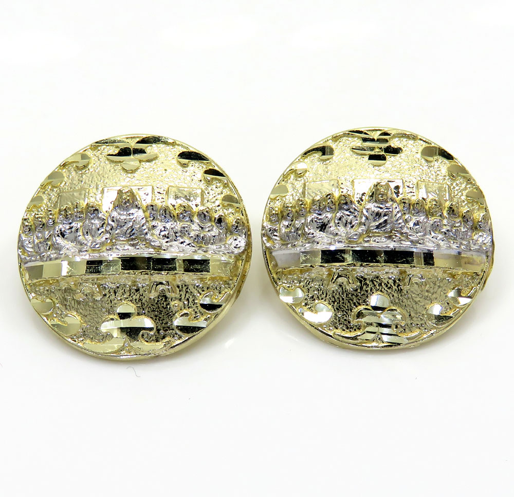 10k yellow gold two tone fancy last supper earrings 