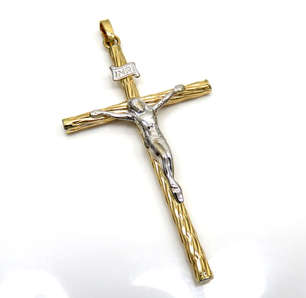 14k yellow gold two tone wood bark cross 