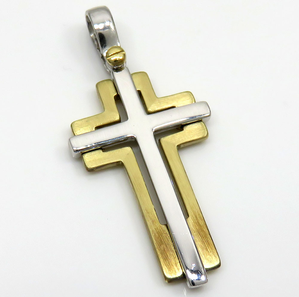 14k yellow and white gold two tone double cross 