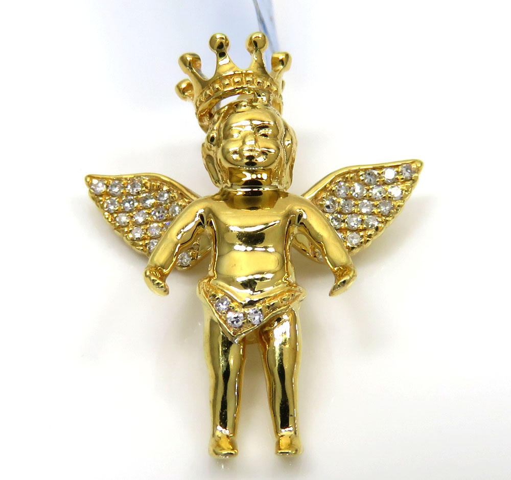 14k yellow white or rose gold mini crowned diamond baby cherub pendant 0.11ct