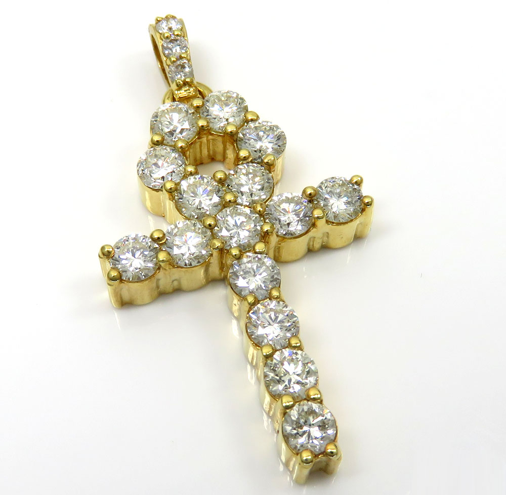14k yellow gold fancy 18 diamond medium ankh cross 4.60ct