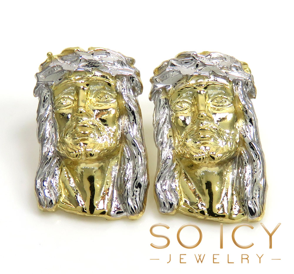 10k two tone gold medium size classic jesus face earrings