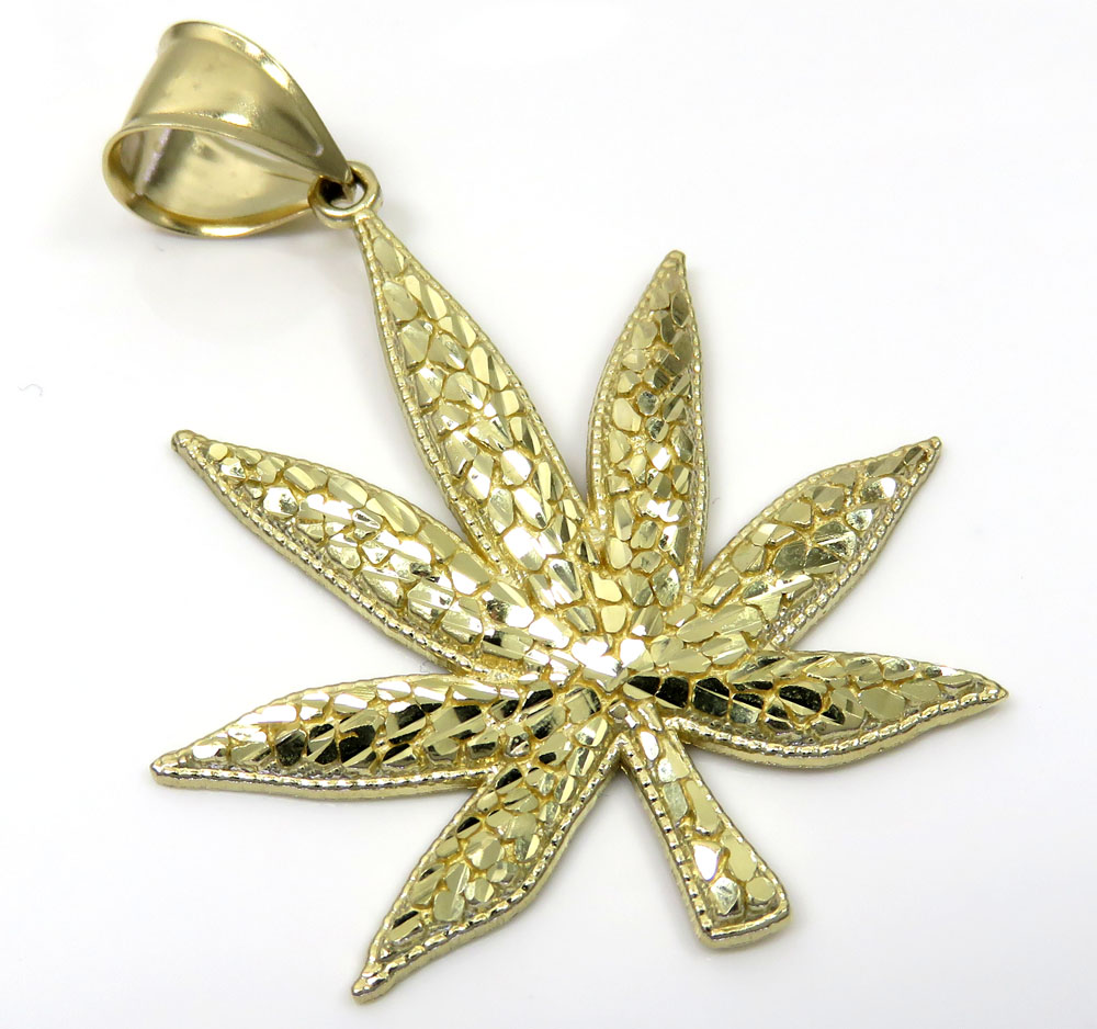 14k yellow gold nugget marijuana leaf pendant