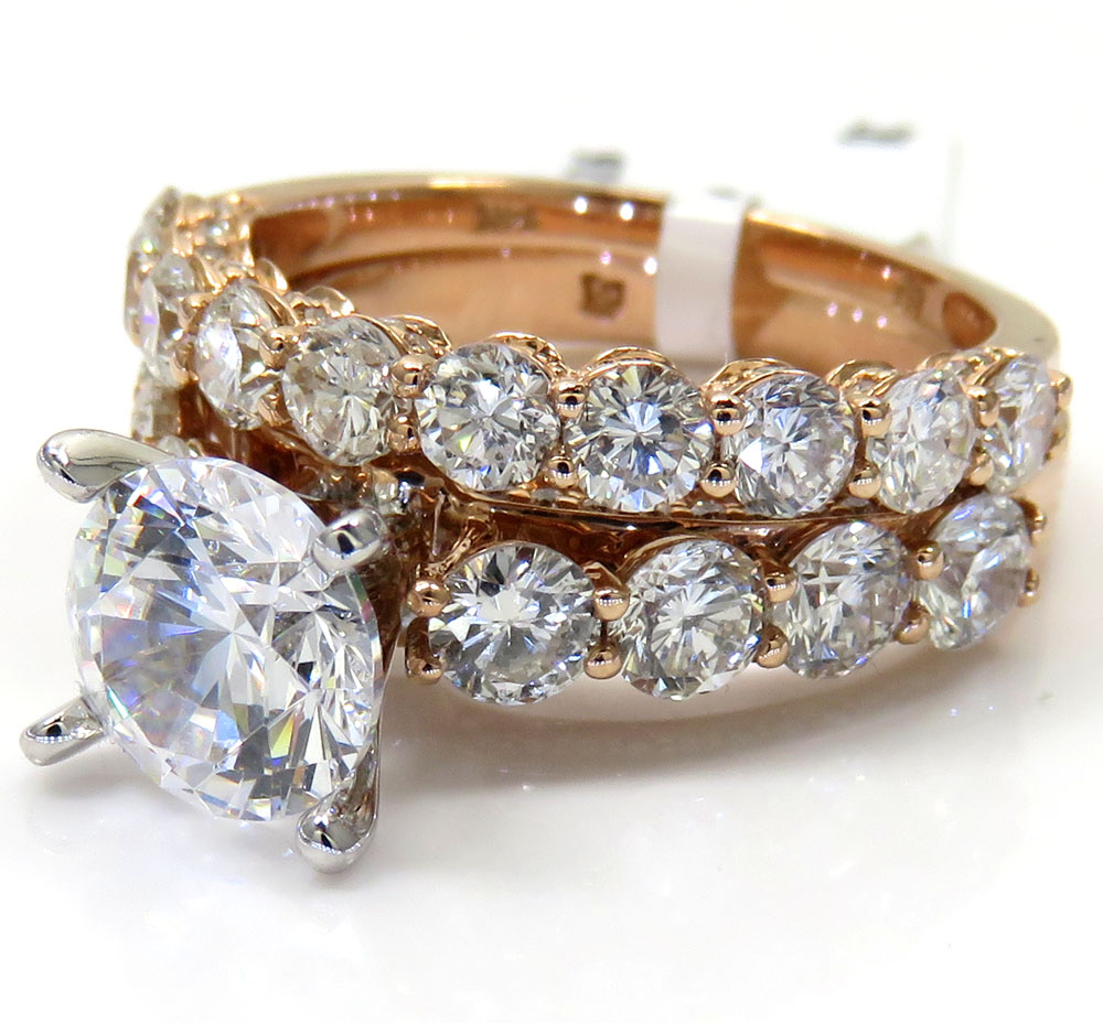 14k rose gold two row semi mount diamond engagement ring set 2.19ct