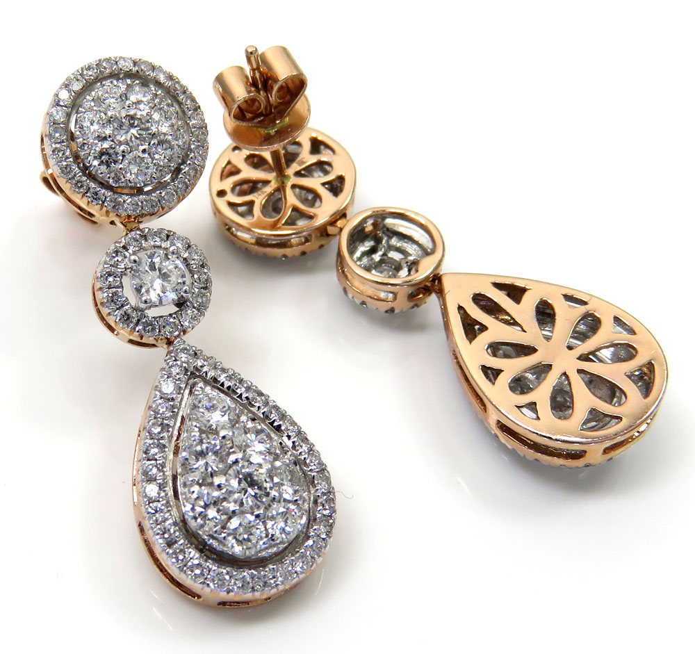 14k rose gold cluster diamond tear drop earrings 1.97ct