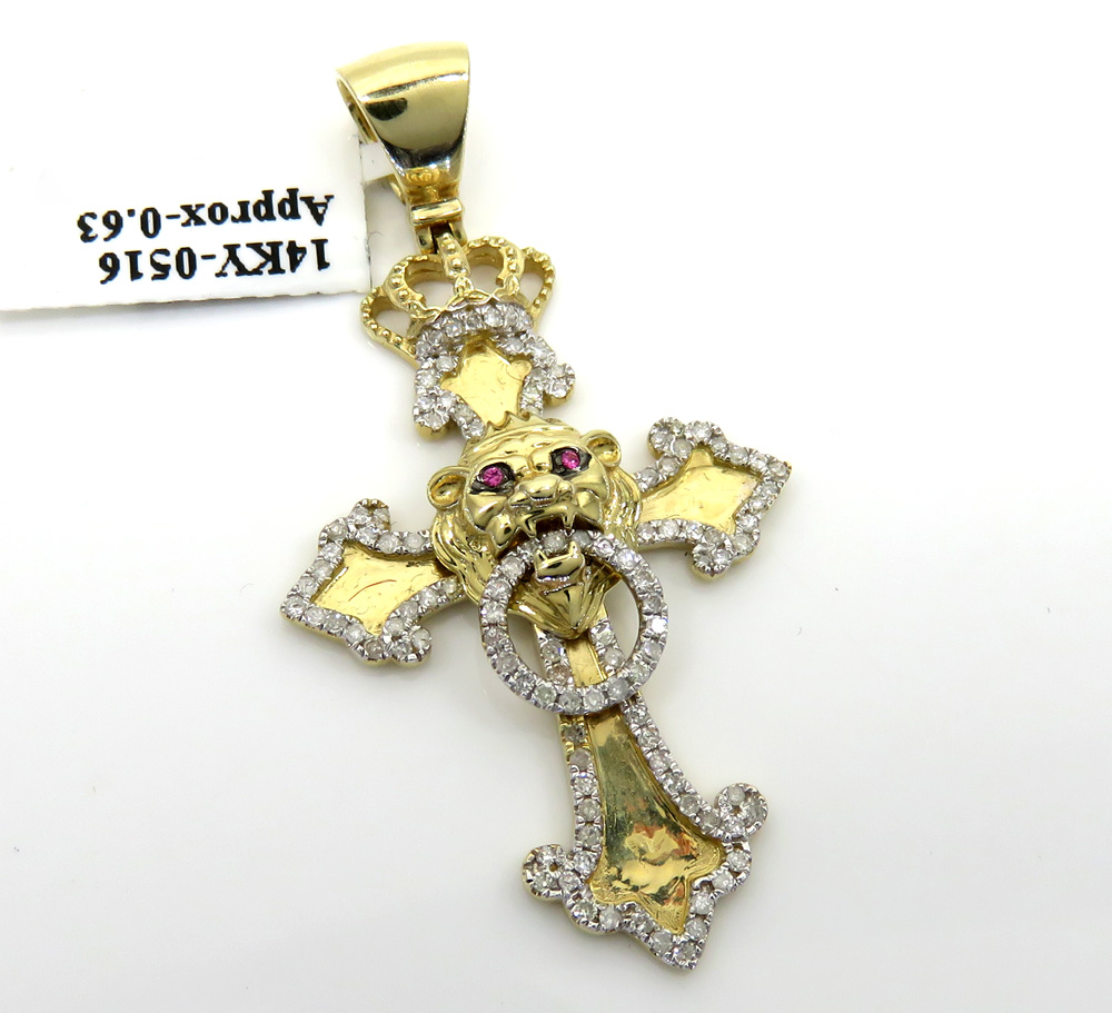 14k yellow gold crown lion head diamond cross pendant 0.63ct