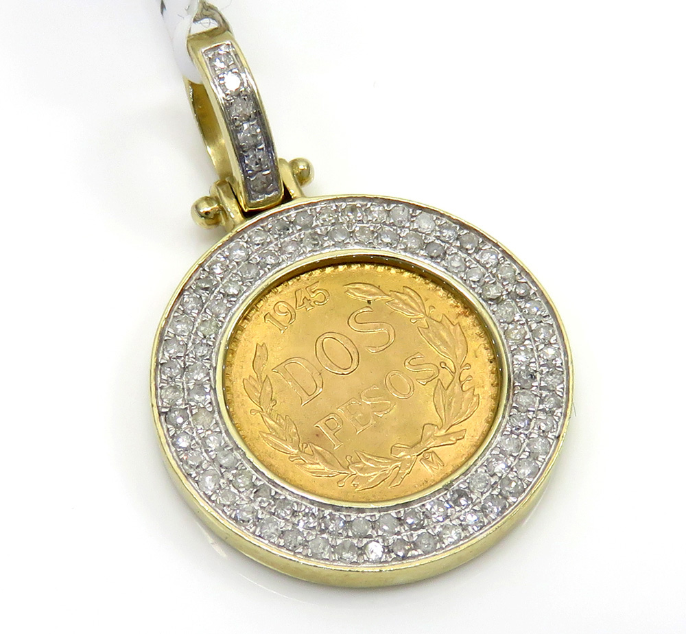 14k yellow gold diamond dos pesos coin pendant 0.52ct