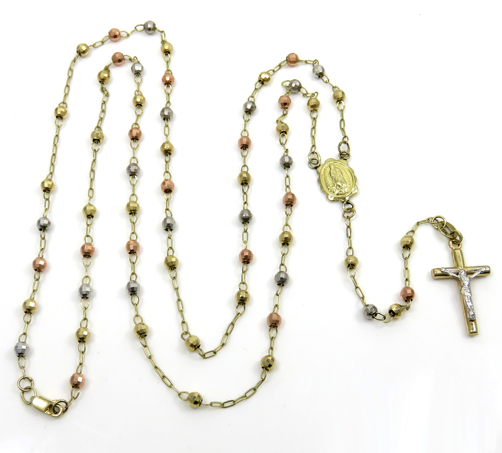 10k yellow gold tri tone disco ball skinny bead rosary chain 24 inch 3 mm 