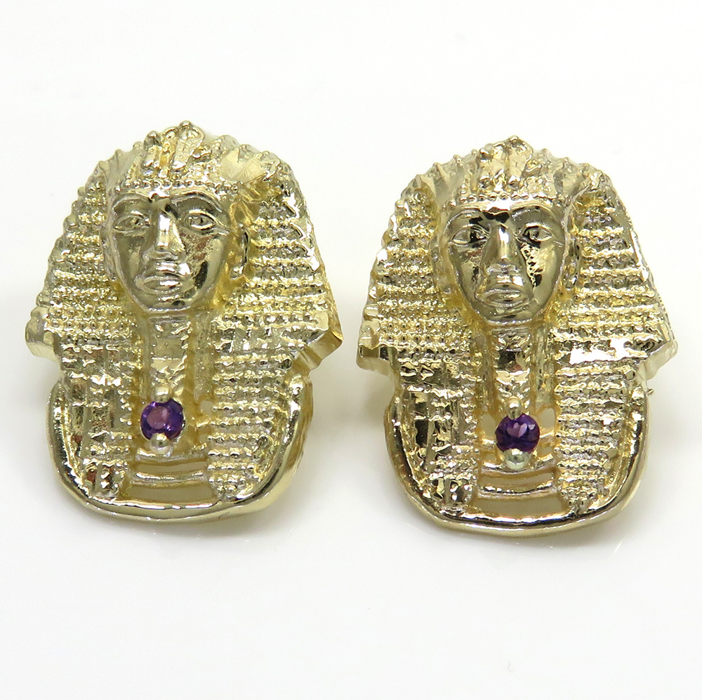 14k yellow gold amethyst king tut pharaoh earrings 0.10ct