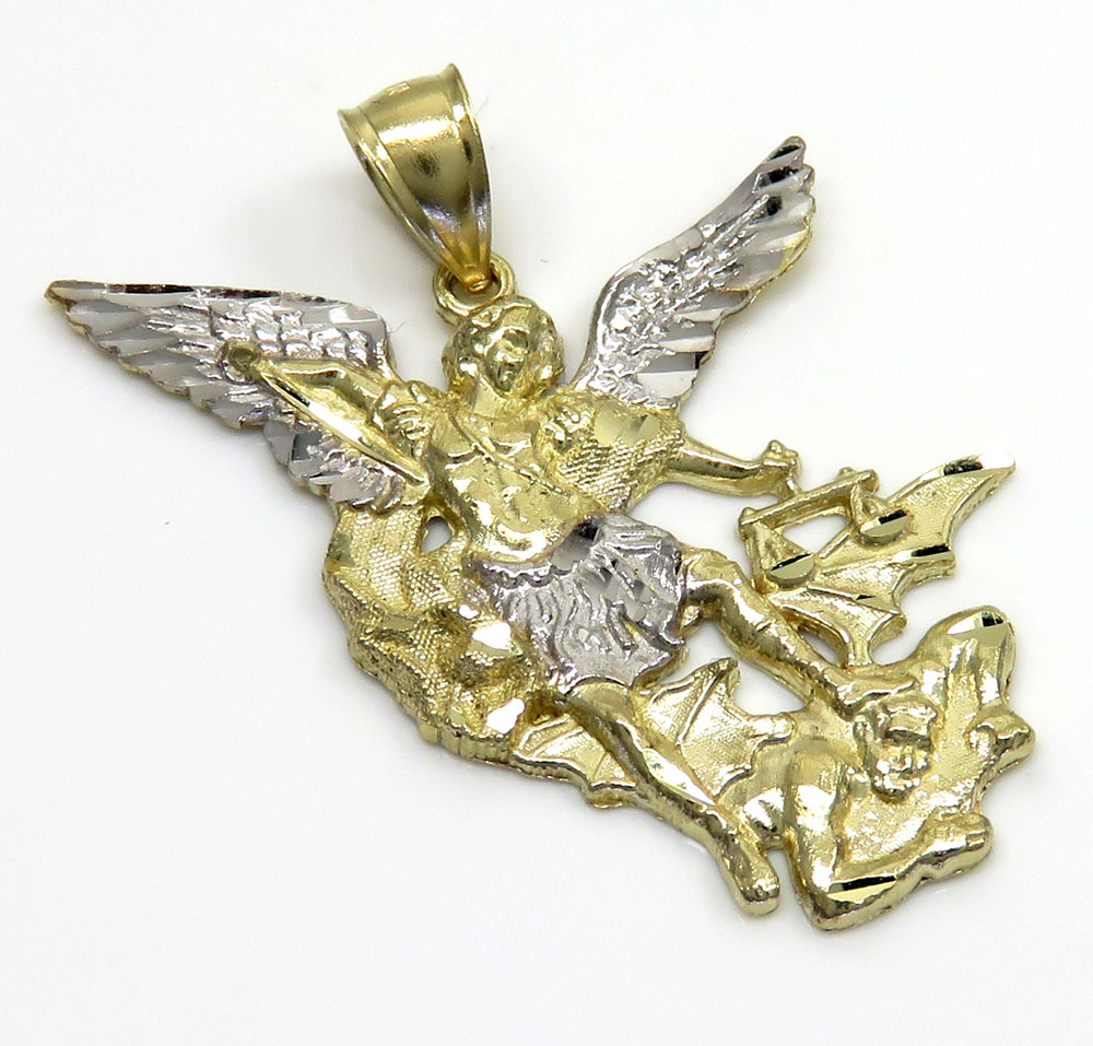 10k two tone gold small angel vs demon saint michaels pendant