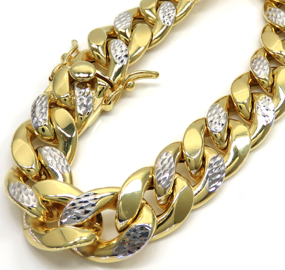 10k yellow gold one sided diamond cut two tone cuban bracelet 9