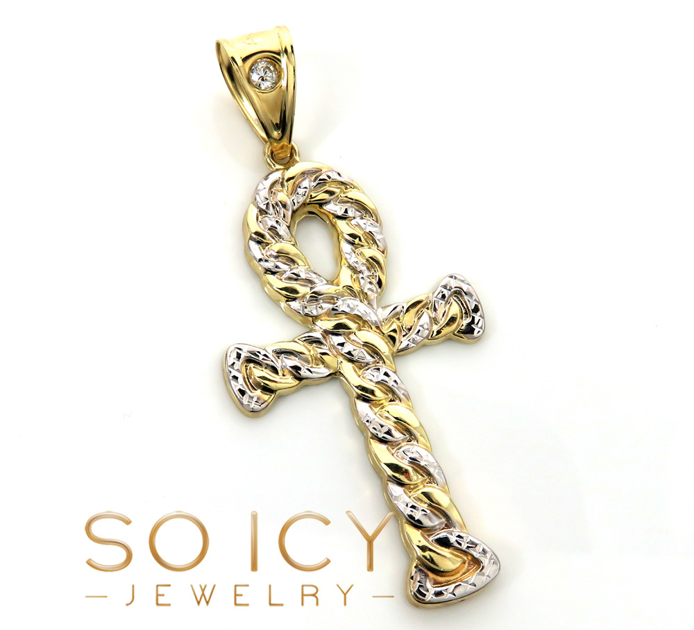 10k yellow gold hollow diamond cut cuban ankh cross 