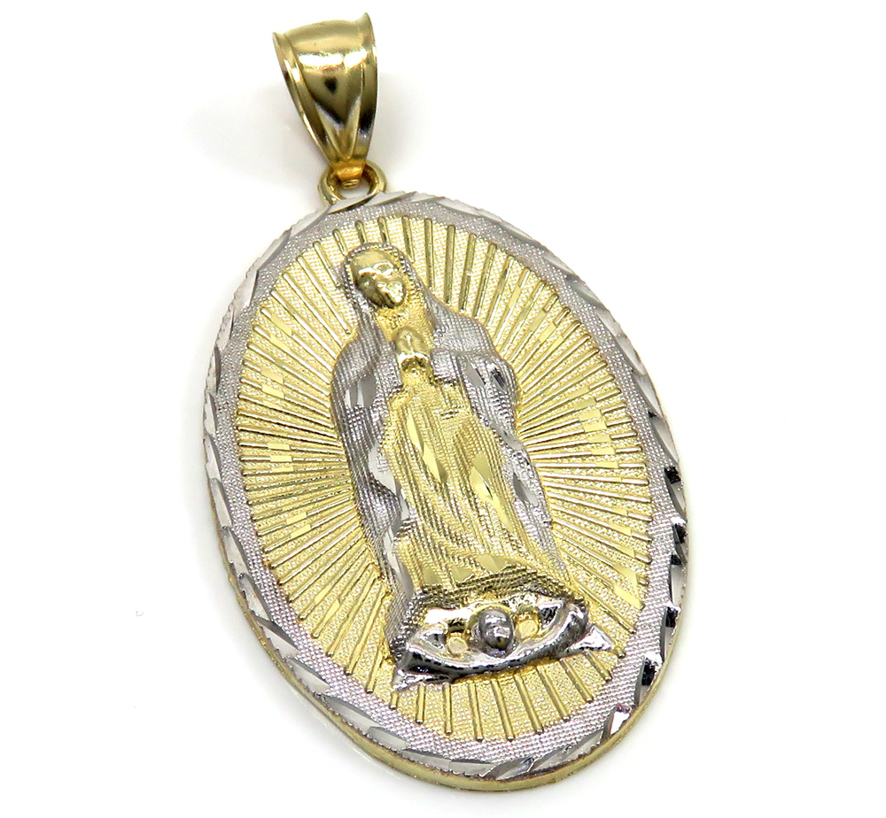10k two tone gold diamond cut virgin mary oval pendant