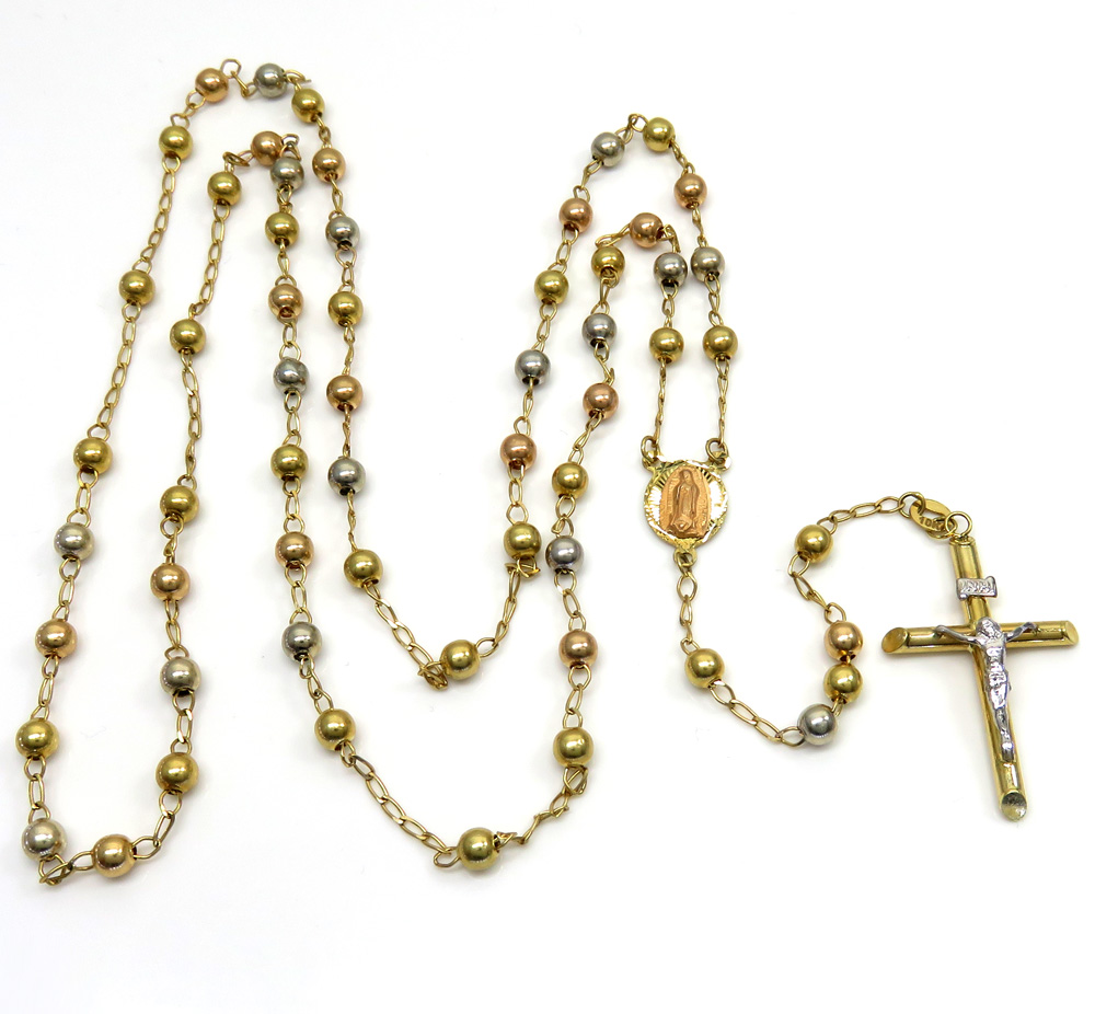 10k yellow gold tri tone smooth bead rosary chain 28 inch 4mm 