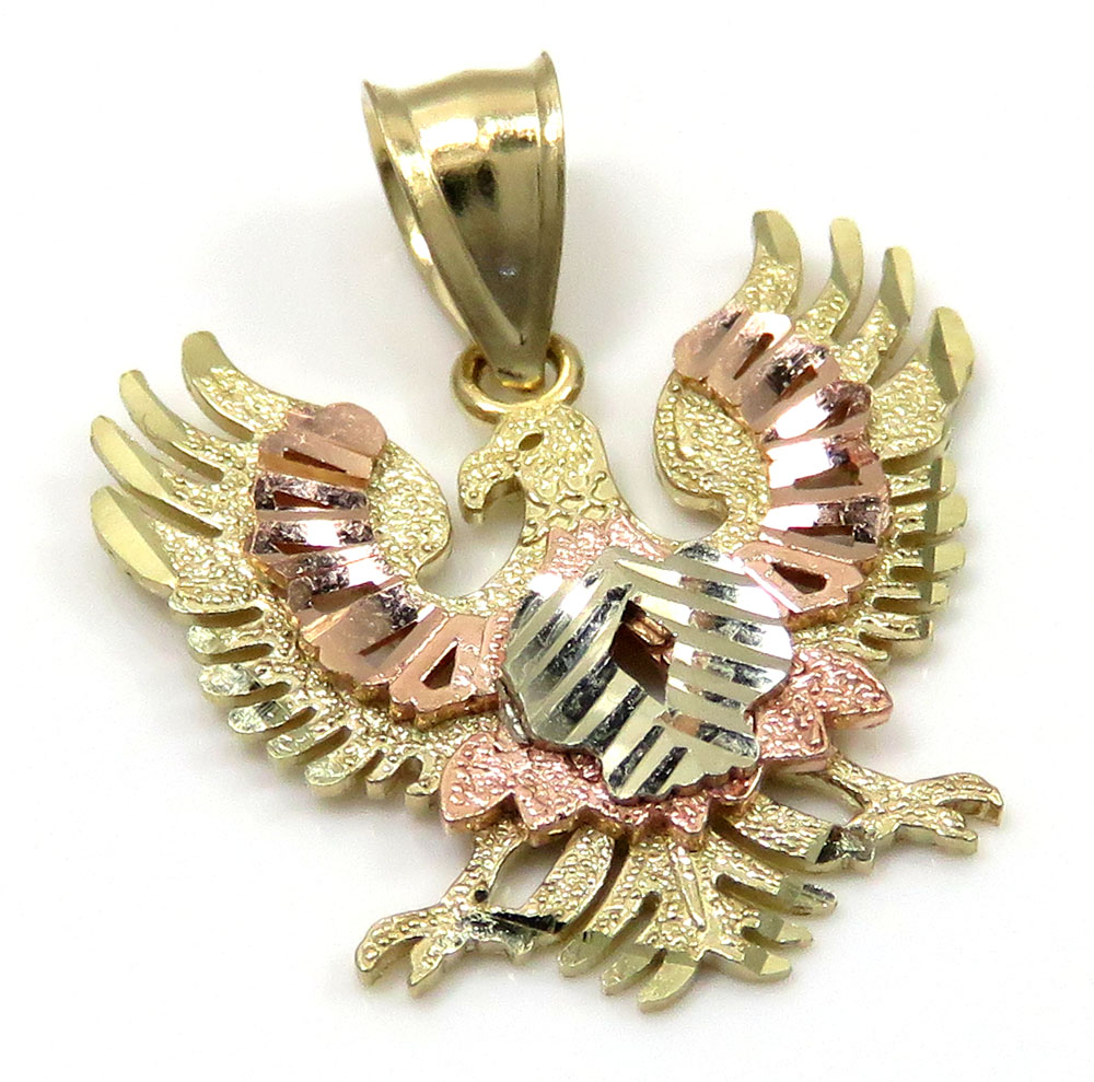 10k tri color gold small diamond cut albanian eagle pendant