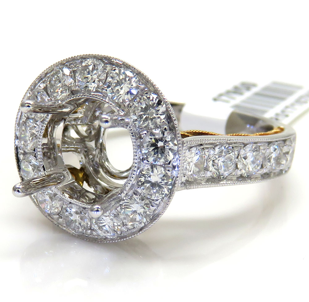 18k two tone gold round diamond halo semi mount ring 1.45ct 