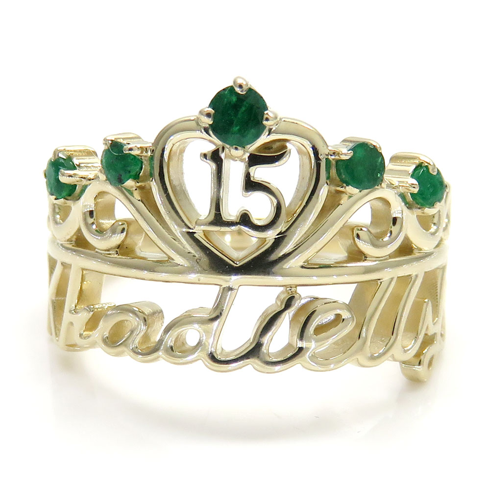 14k yellow gold custom name emerald ring 0.15ct