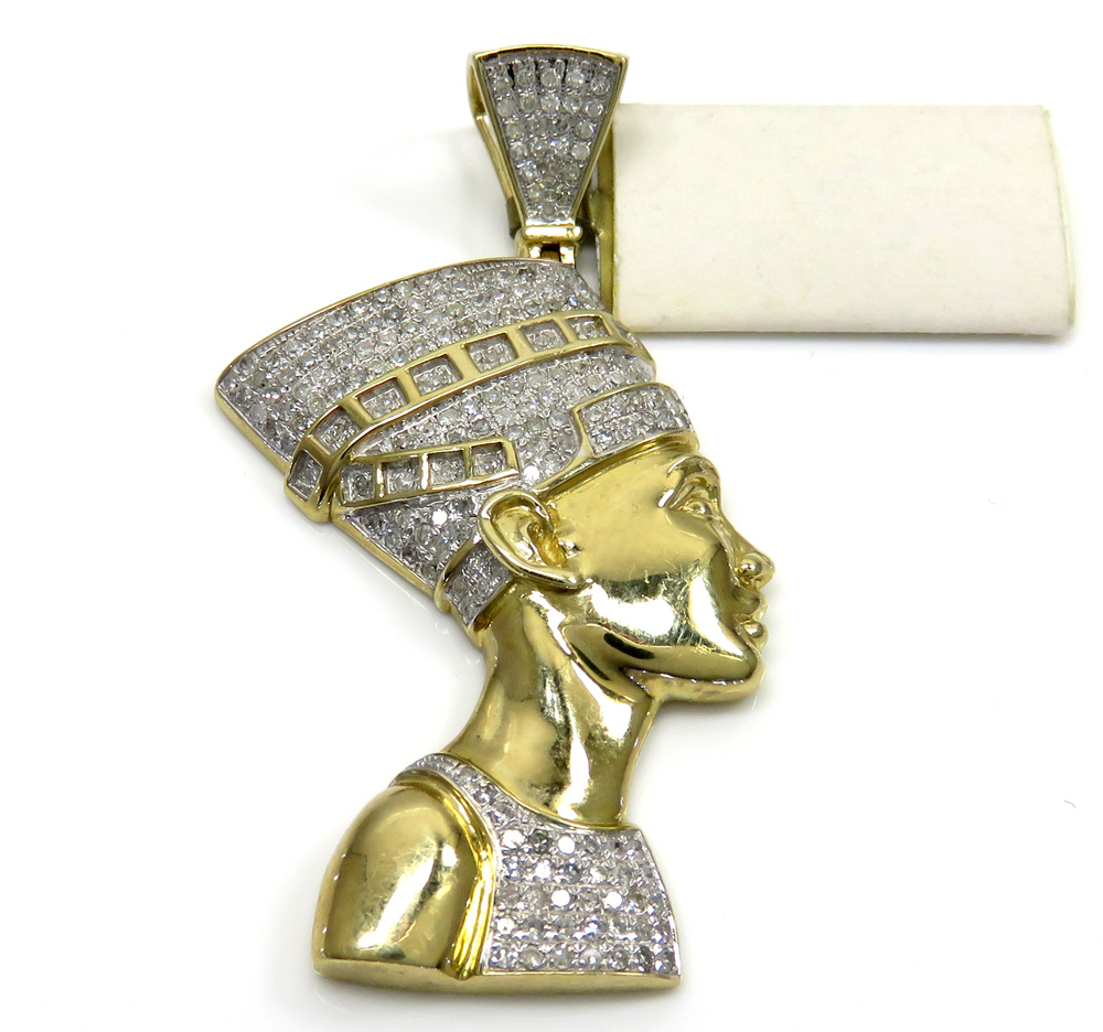 10k yellow gold diamond nefertiti medium head pendant 1.00ct
