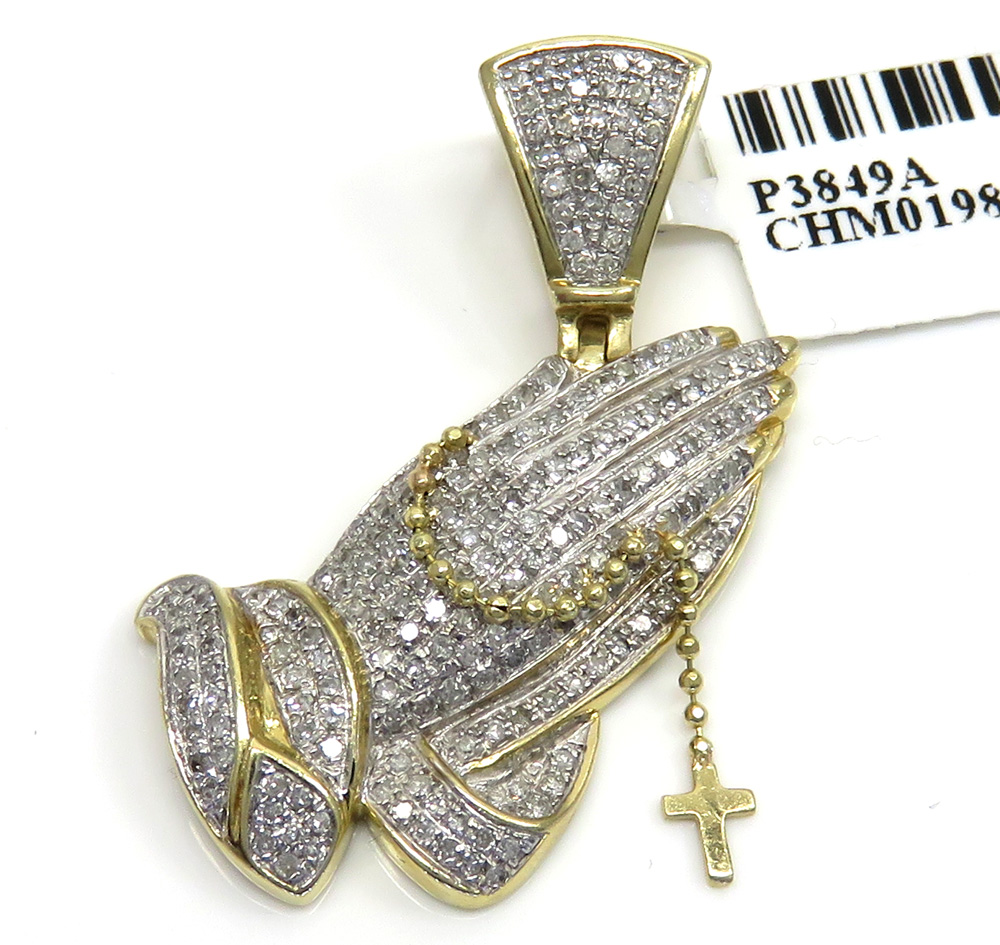 14k yellow gold diamond praying hands hanging cross pendant 0.81ct