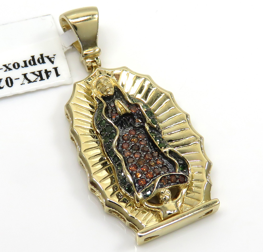 14k yellow gold red & green diamond virgin mary pendant 0.28ct
