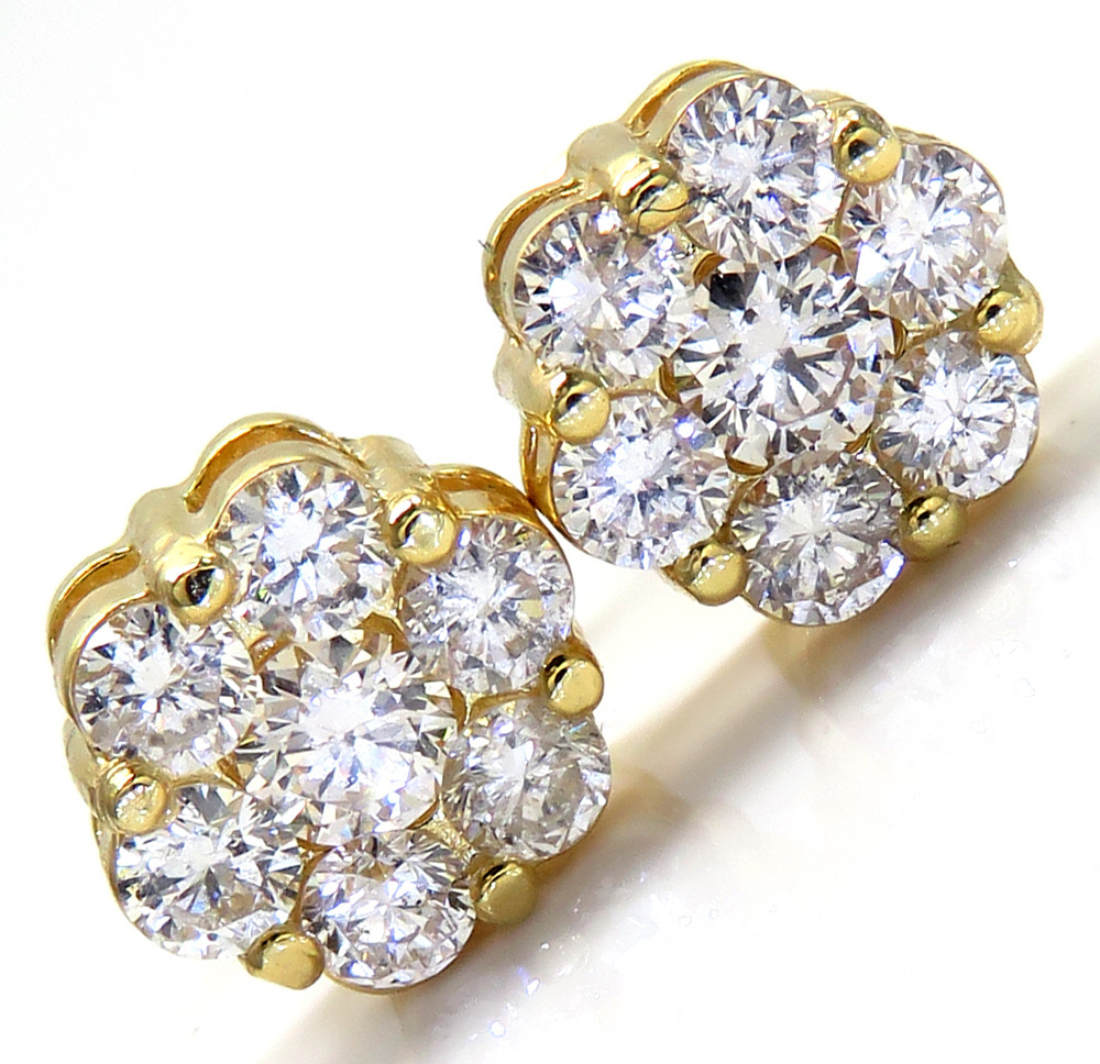 8mm 14k yellow gold round 14 diamond cluster earrings 1.25ct