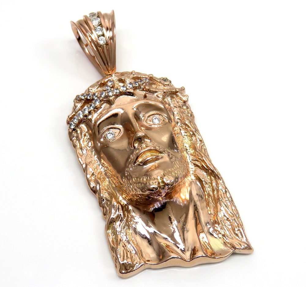 10k solid rose gold xl classic cz jesus face pendant 1.50ct