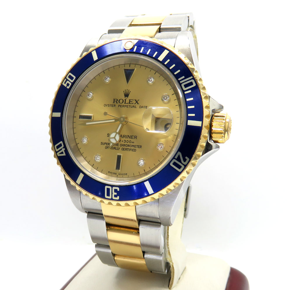 Rolex submariner stainless steel & 18k gold champagne serti diamond dial 40mm watch 16613 