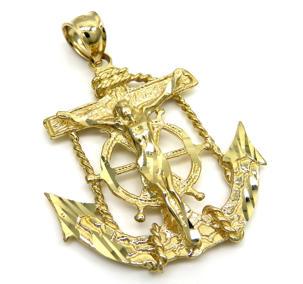 14k solid yellow gold anchor jesus pendant