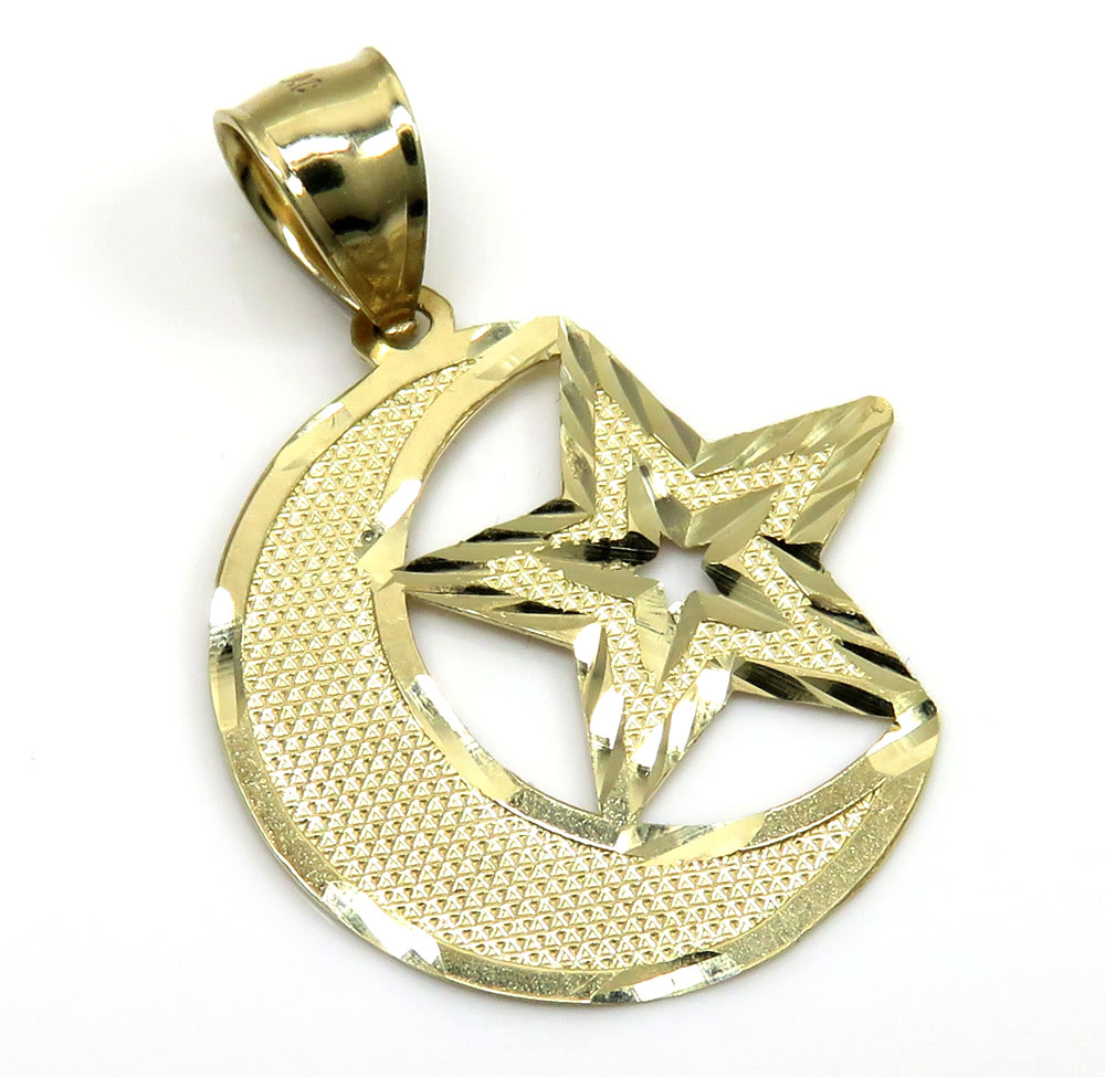 10k yellow gold islam crescent moon and star religious pendant