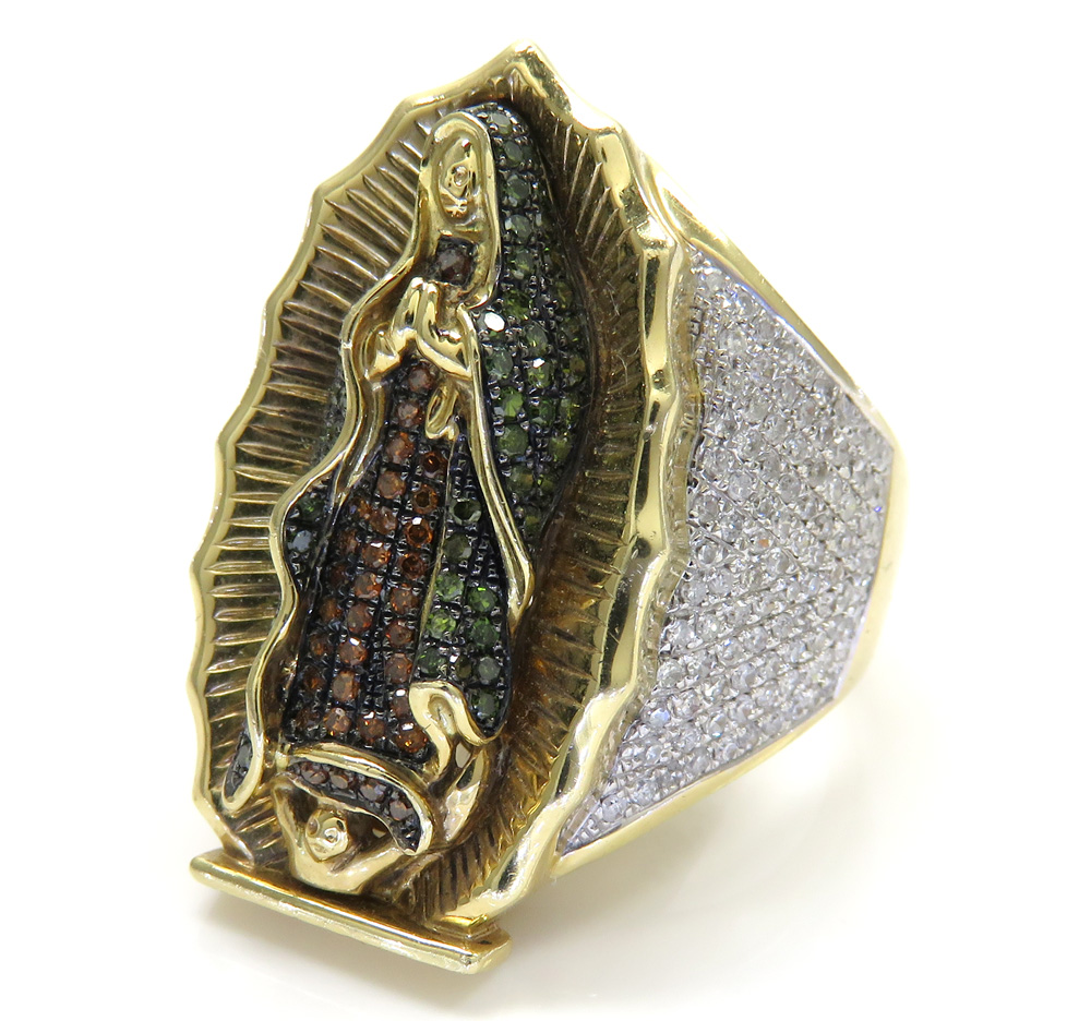10k yellow gold white red & green diamond virgin mary ring 1.66ct