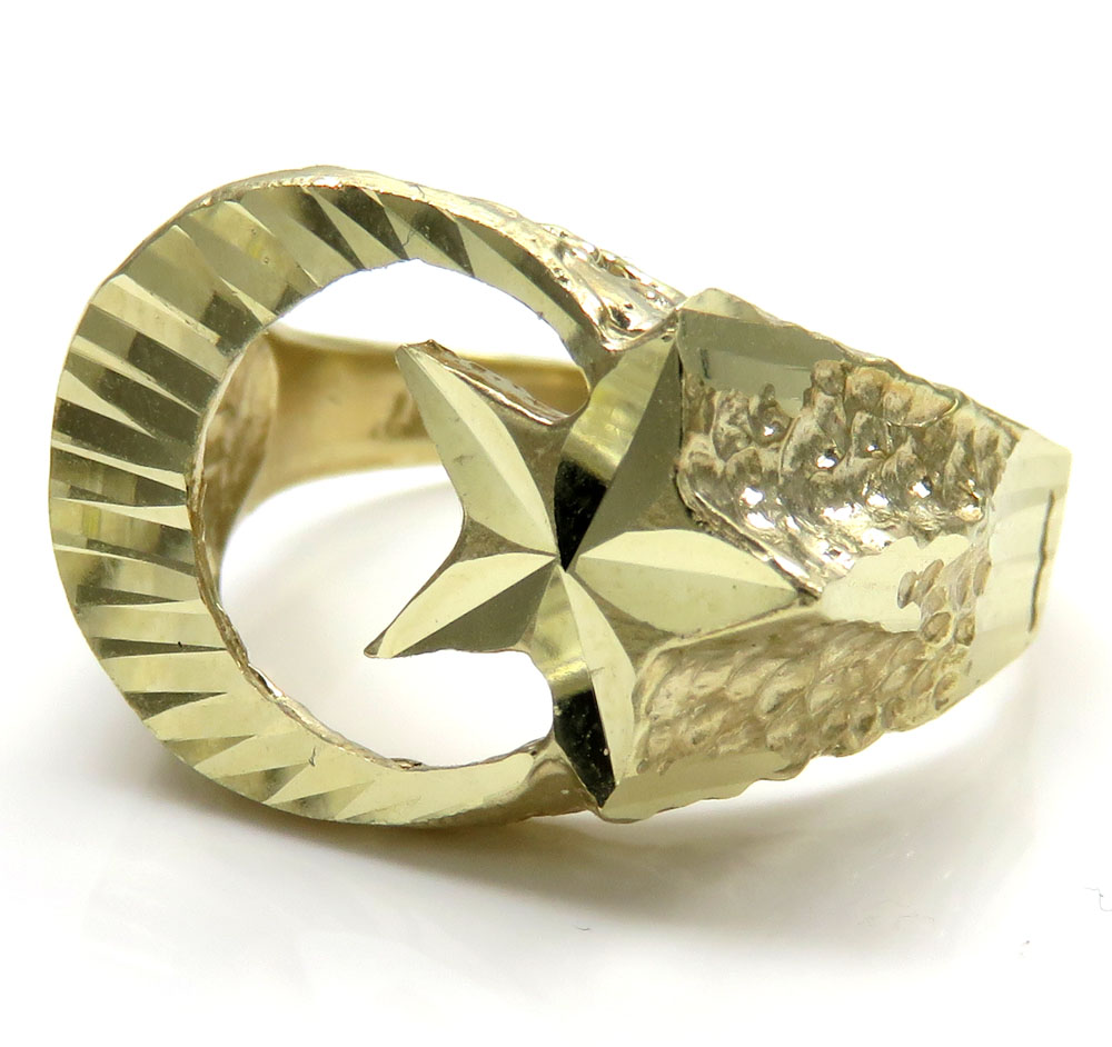 10k yellow gold islam crescent moon and star ring