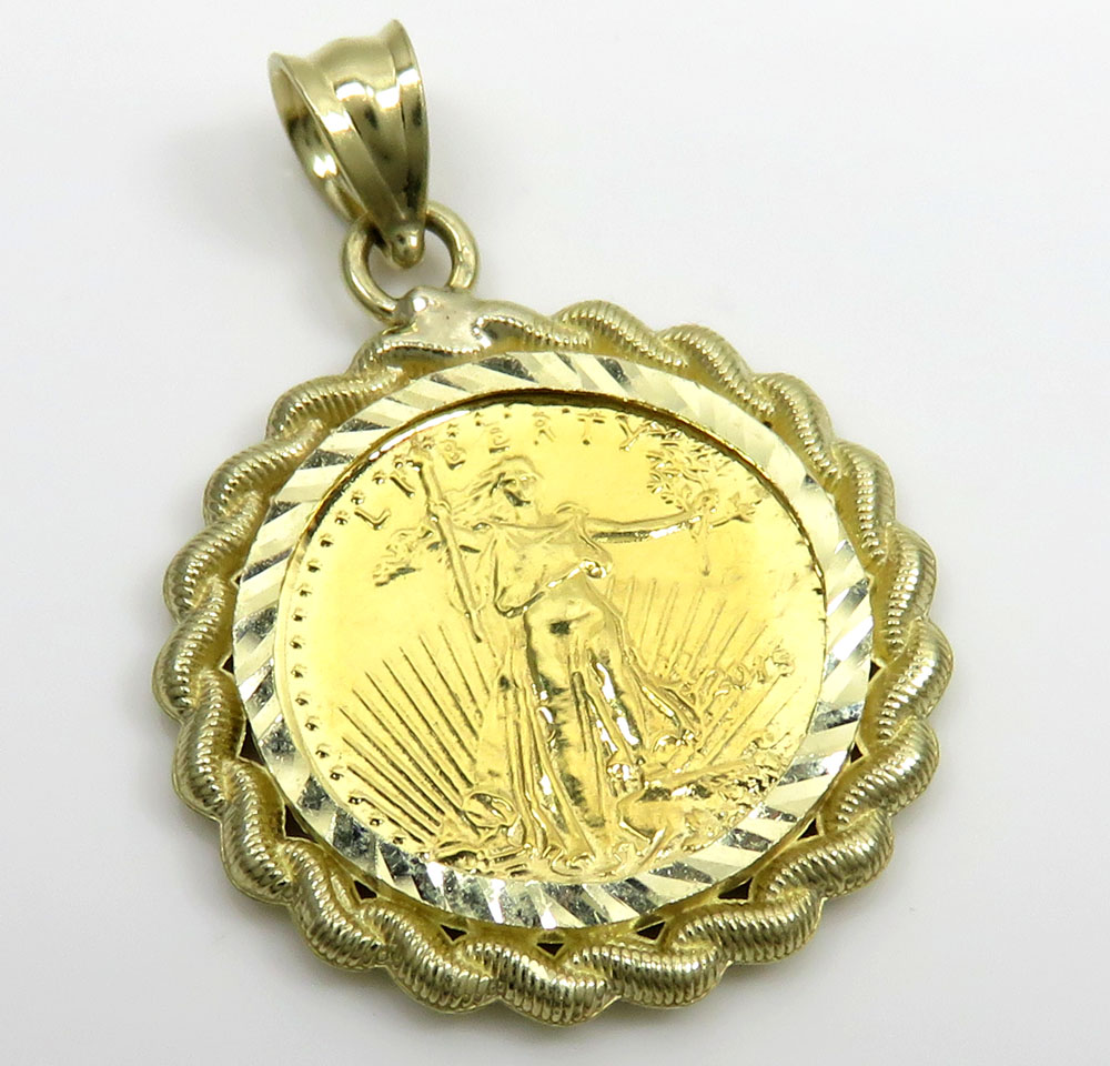 10k yellow gold rope diamond cut liberty coin pendant