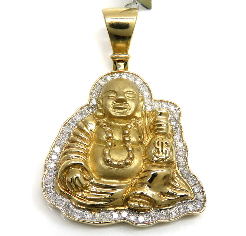 10k yellow gold money bag fat small buddha diamond pendant 0.34ct