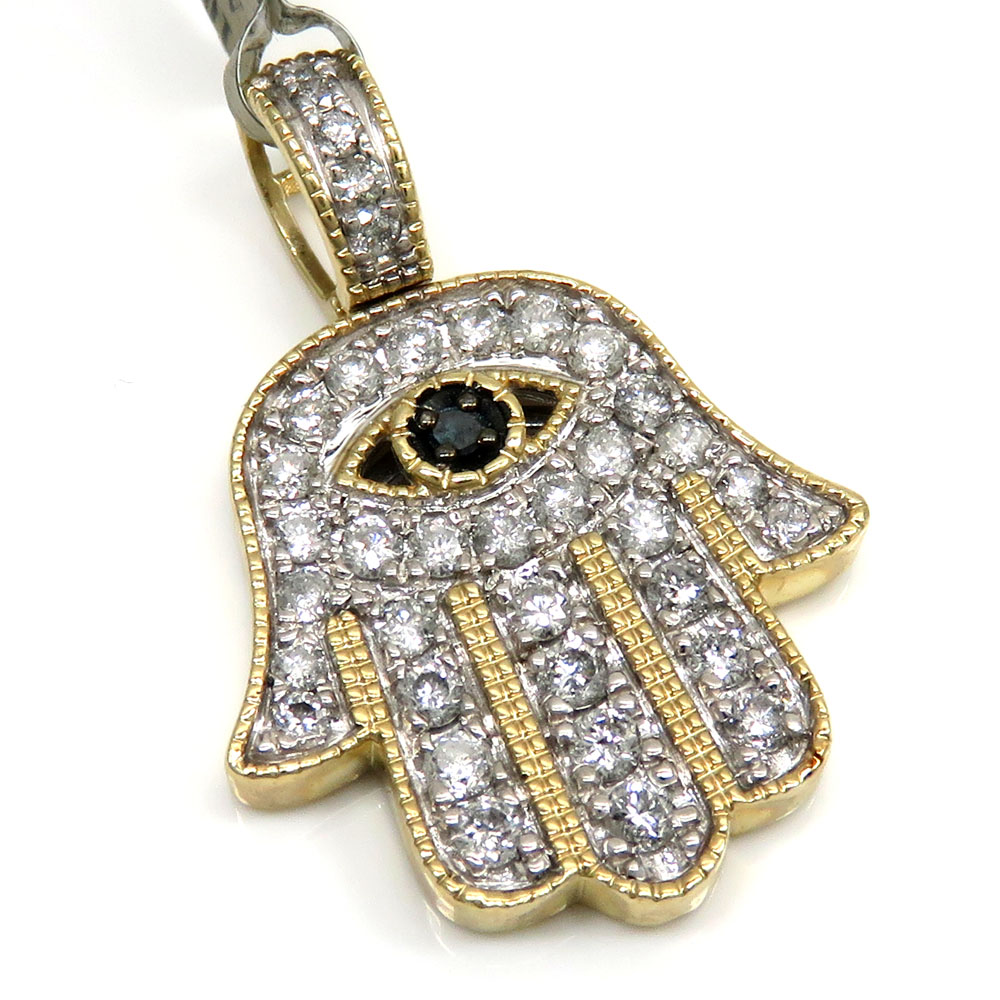 Chain Hamsa Hand Evil Eye Pendant 10K Yellow Gold On Real Silver Diamond Charm 