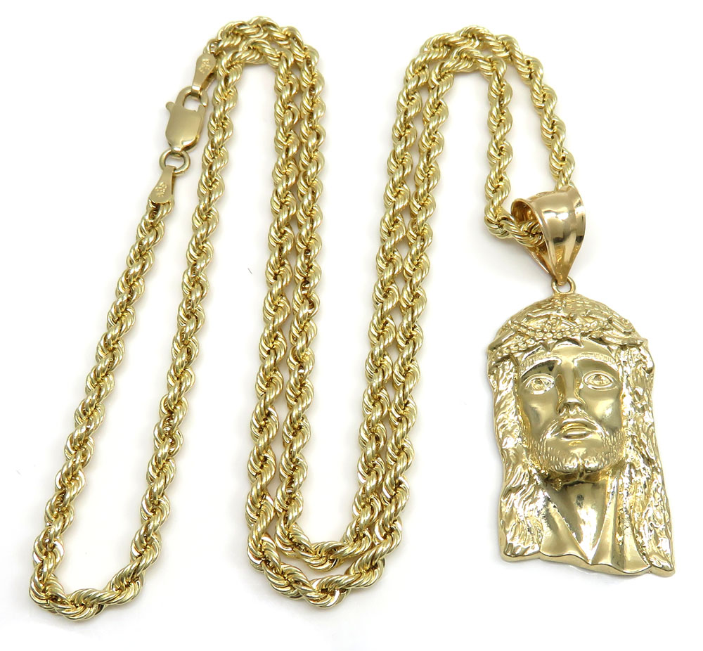 10k yellow gold classic jesus pendant with 20-24 inch 3mm rope chain