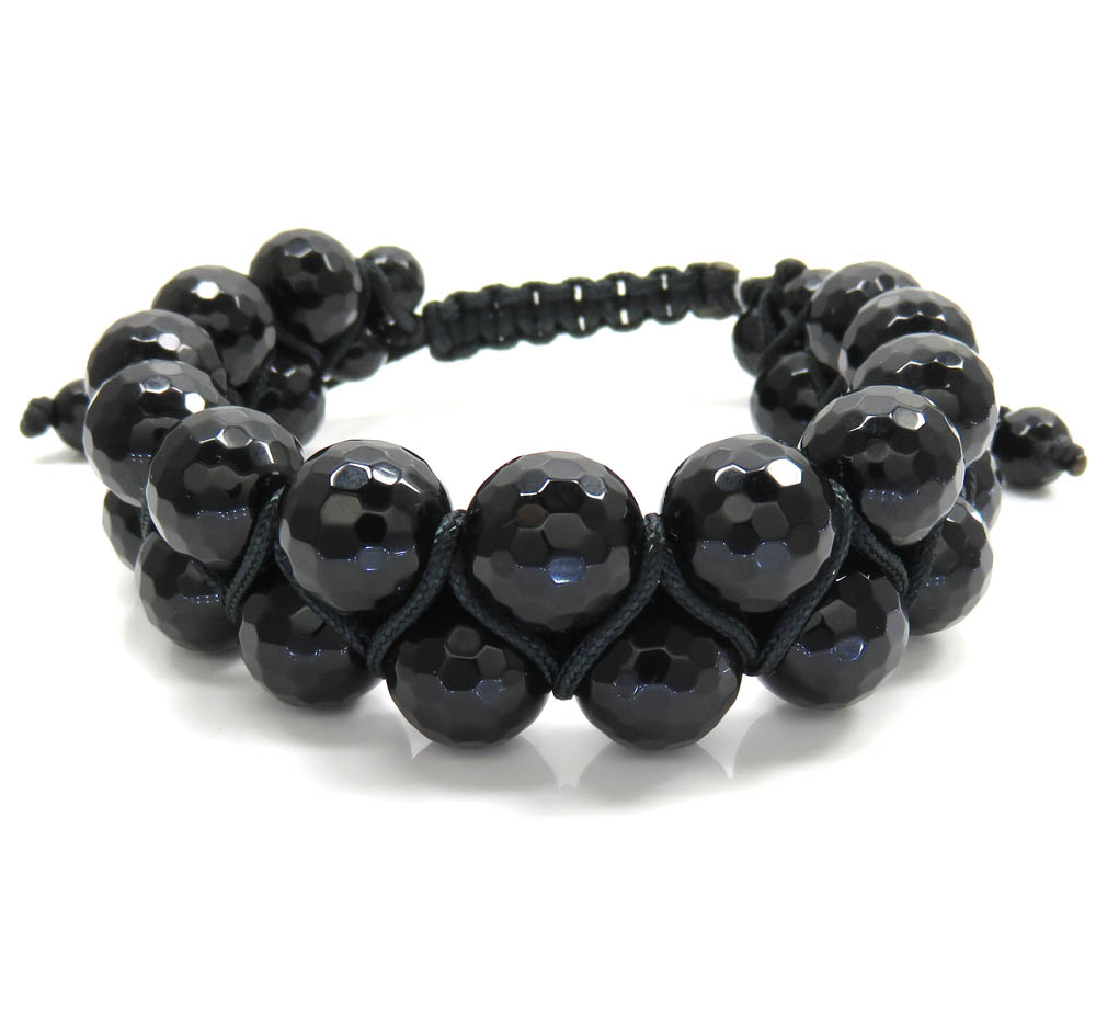 Macramé faceted glossy black onyx bead double rope bracelet