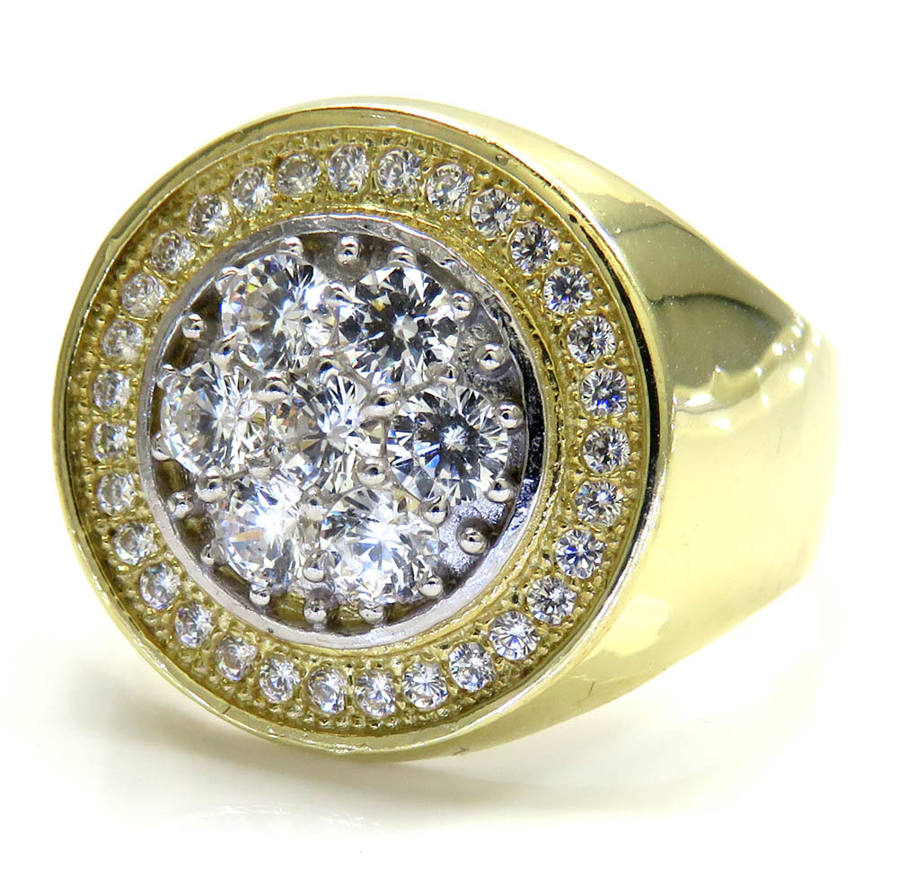 Mens 14k yellow gold cz cluster double circle ring 1.80ct