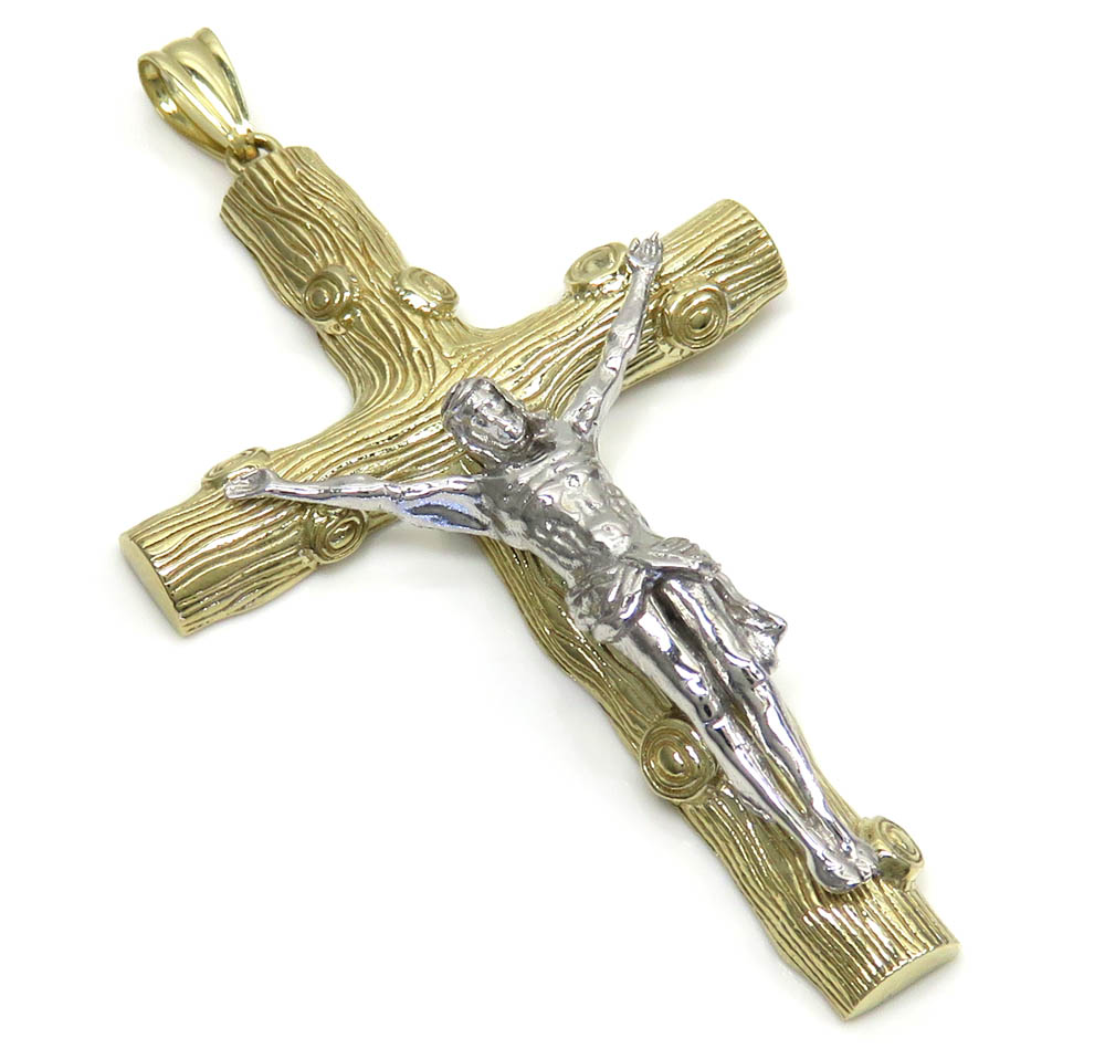 10k solid two tone bark wood finish jesus cross 
