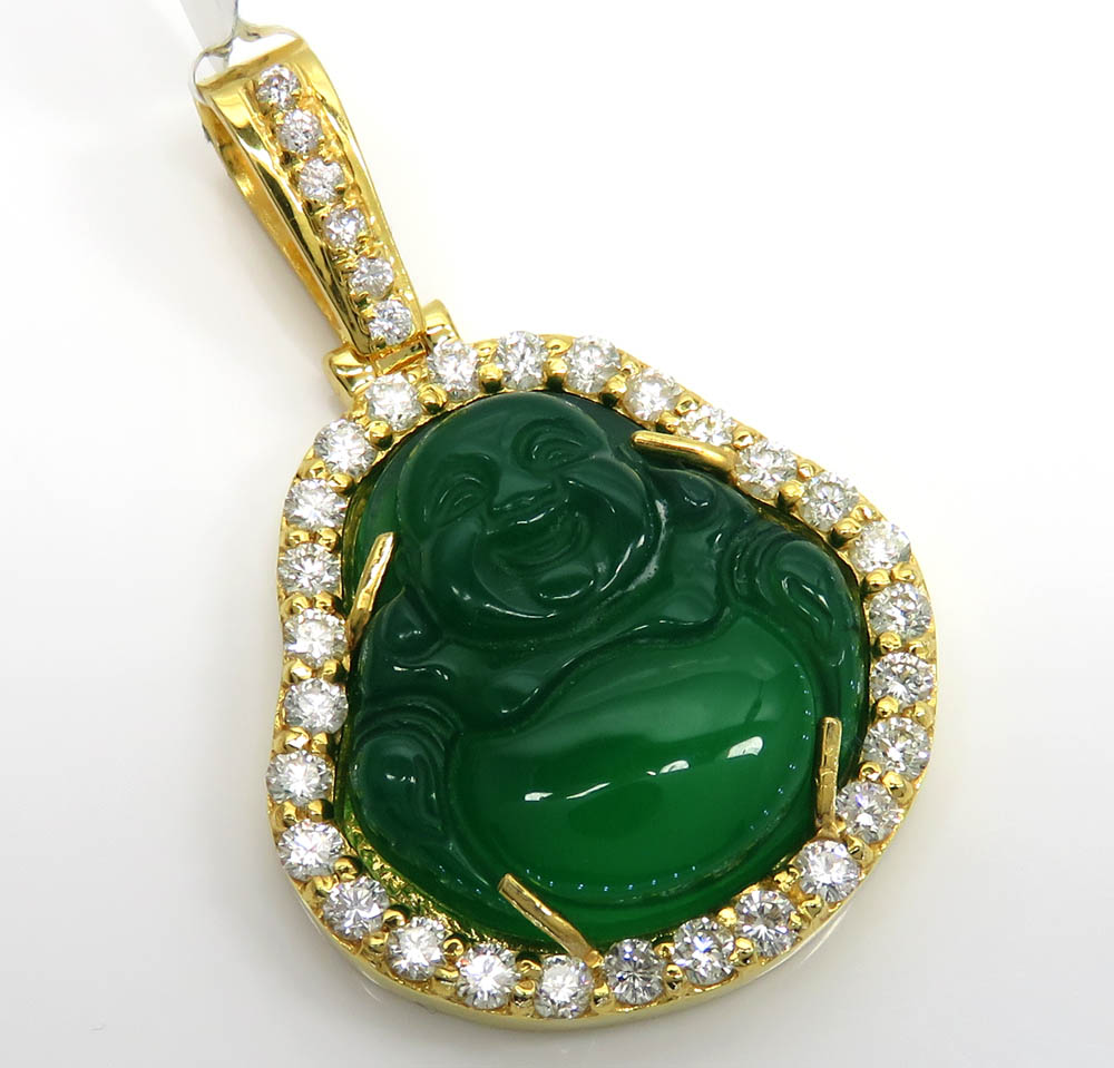14k yellow gold green jade fat buddha diamond pendant 2.25ct
