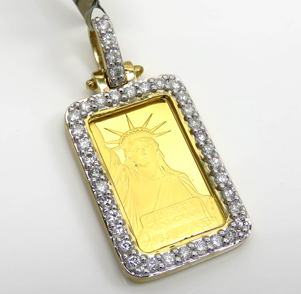 10k yellow gold diamond frame with 24k gold statue of liberty bar pendant 0.70ct 