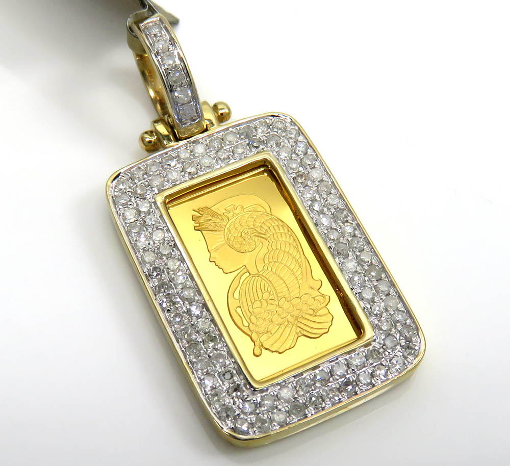 10k yellow gold 2 row diamond frame with suisse 24k gold mini bar pendant 0.53ct 