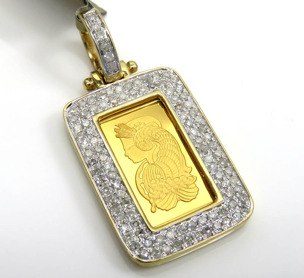 10k yellow gold 2 row diamond frame with suisse 24k gold mini bar pendant 0.53ct