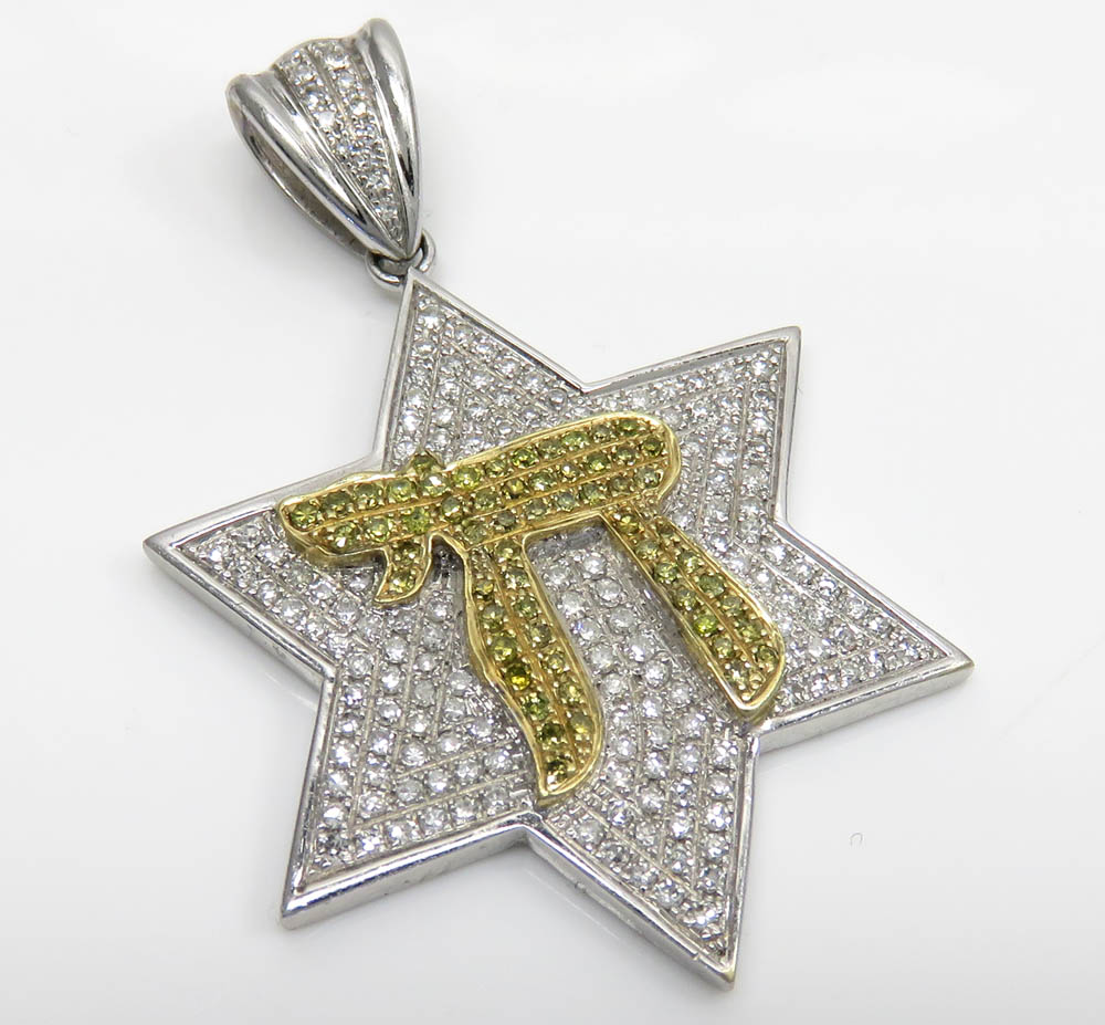 14k white gold canary chai & diamond star of david pendant 1.00ct