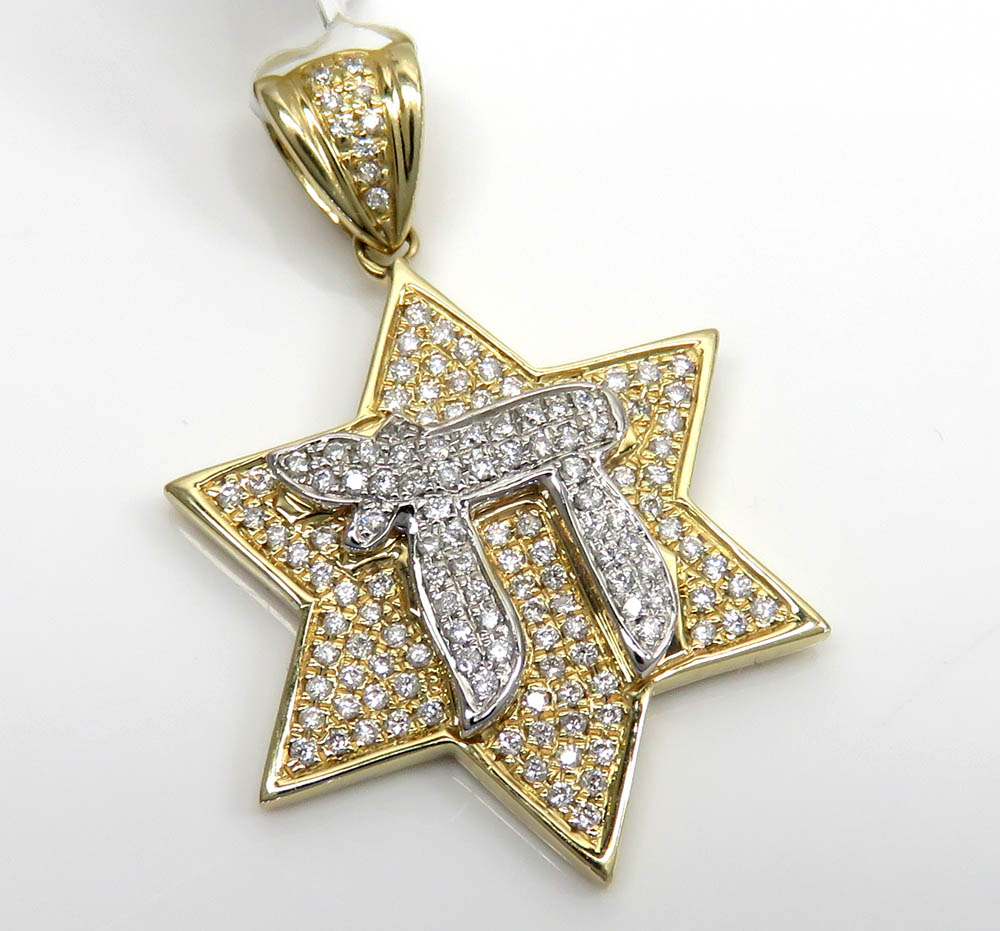 14k two tone gold diamond chai & star of david pendant 0.49ct