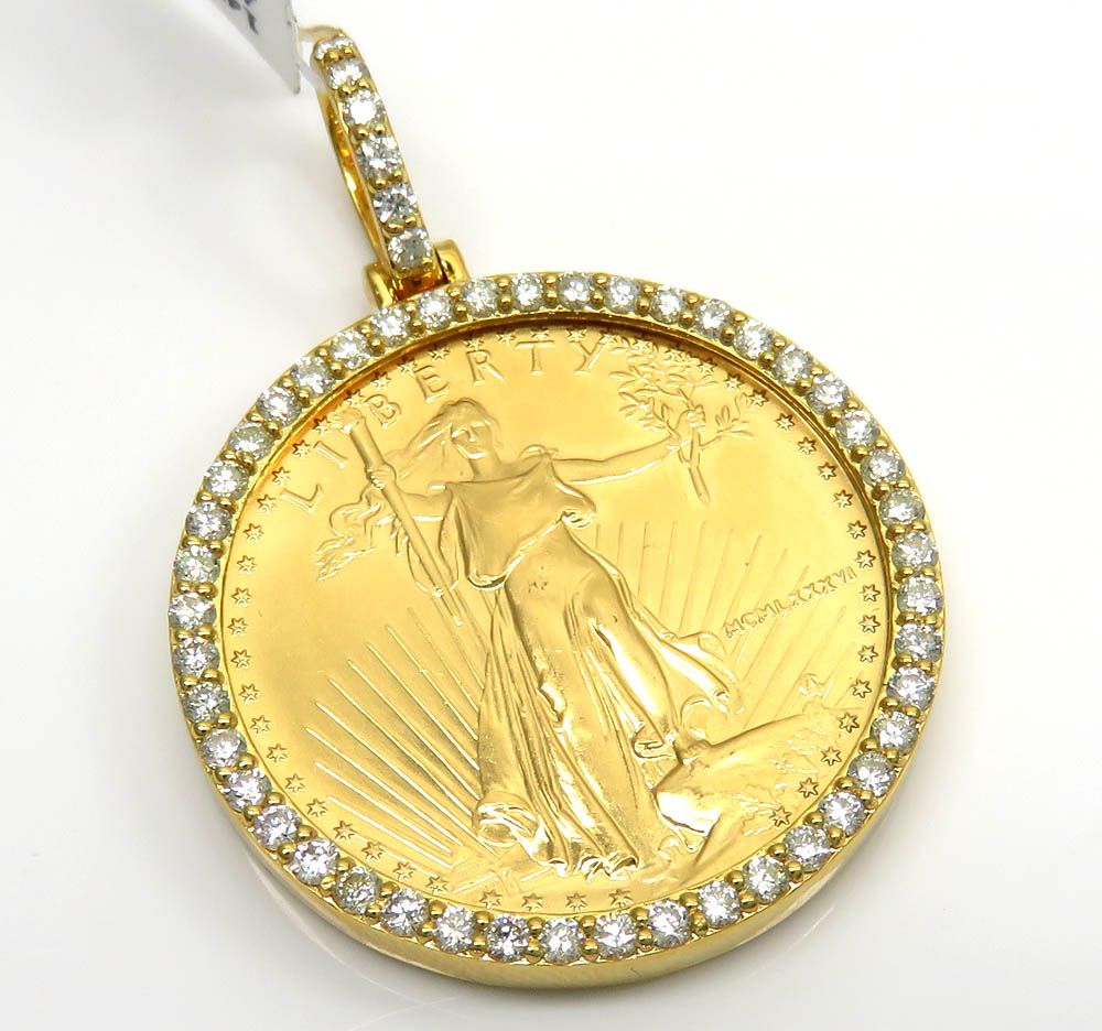 14k yellow gold large diamond liberty 1/2 oz coin pendant 1.15ct