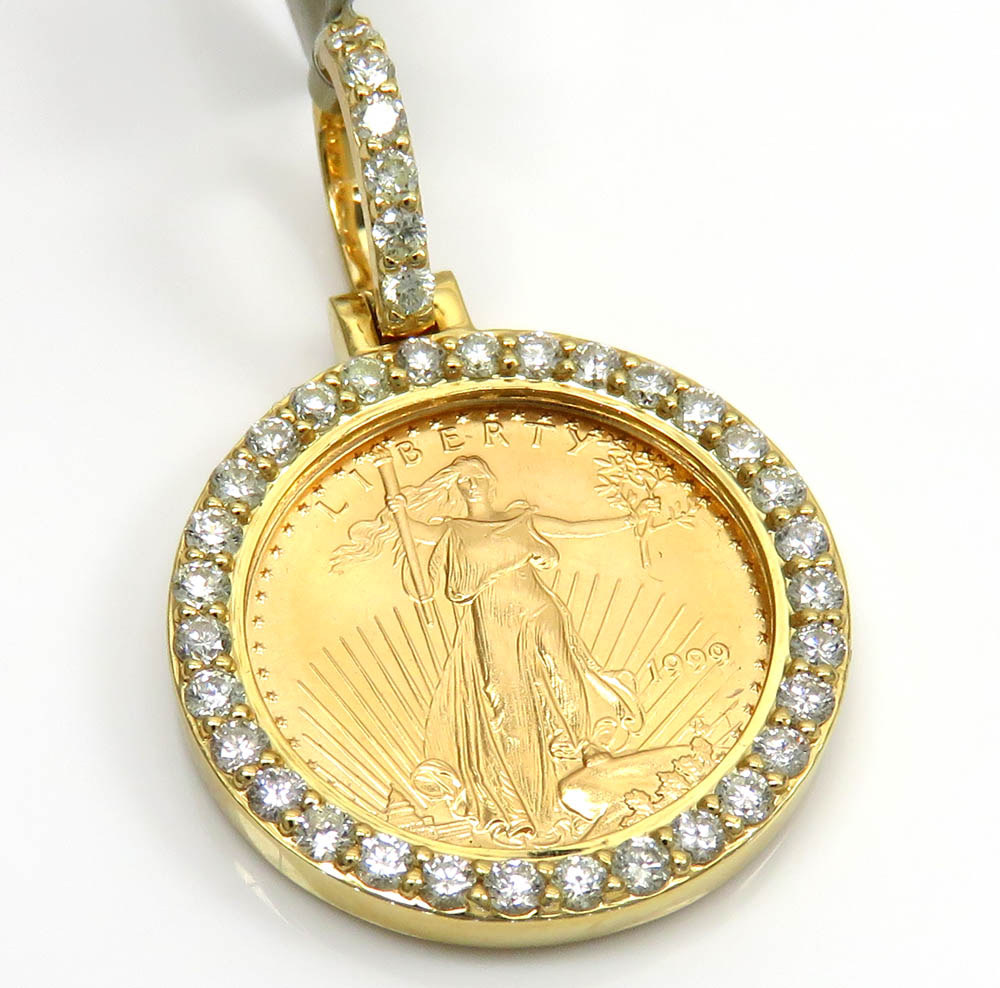 10k yellow gold small diamond lady liberty 1/10 oz coin pendant 0.70ct