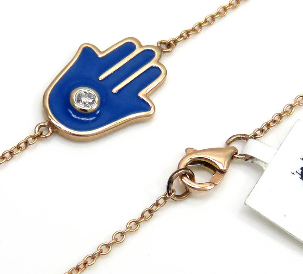 14k rose gold blue enamel diamond hamsa bracelet 7 inches 0.03ct