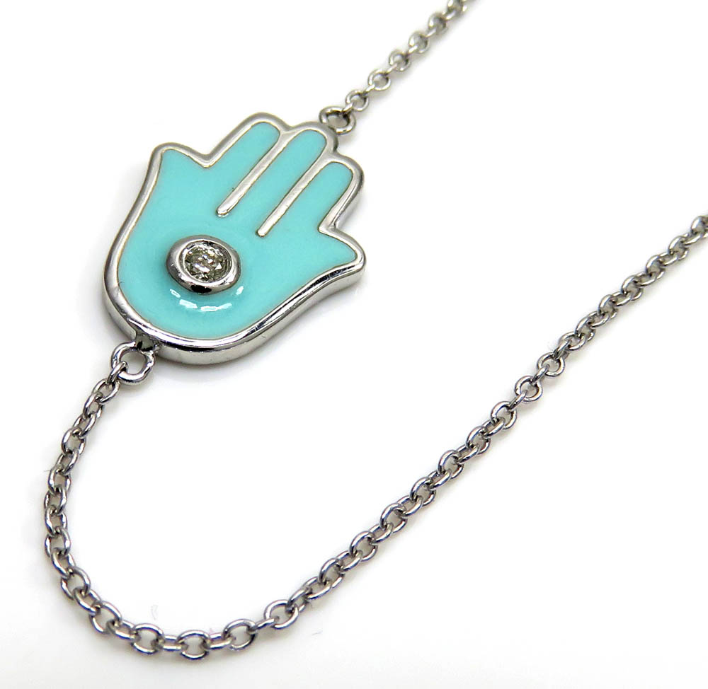 14k white gold turquoise enamel diamond hamsa bracelet 7 inches 0.03ct